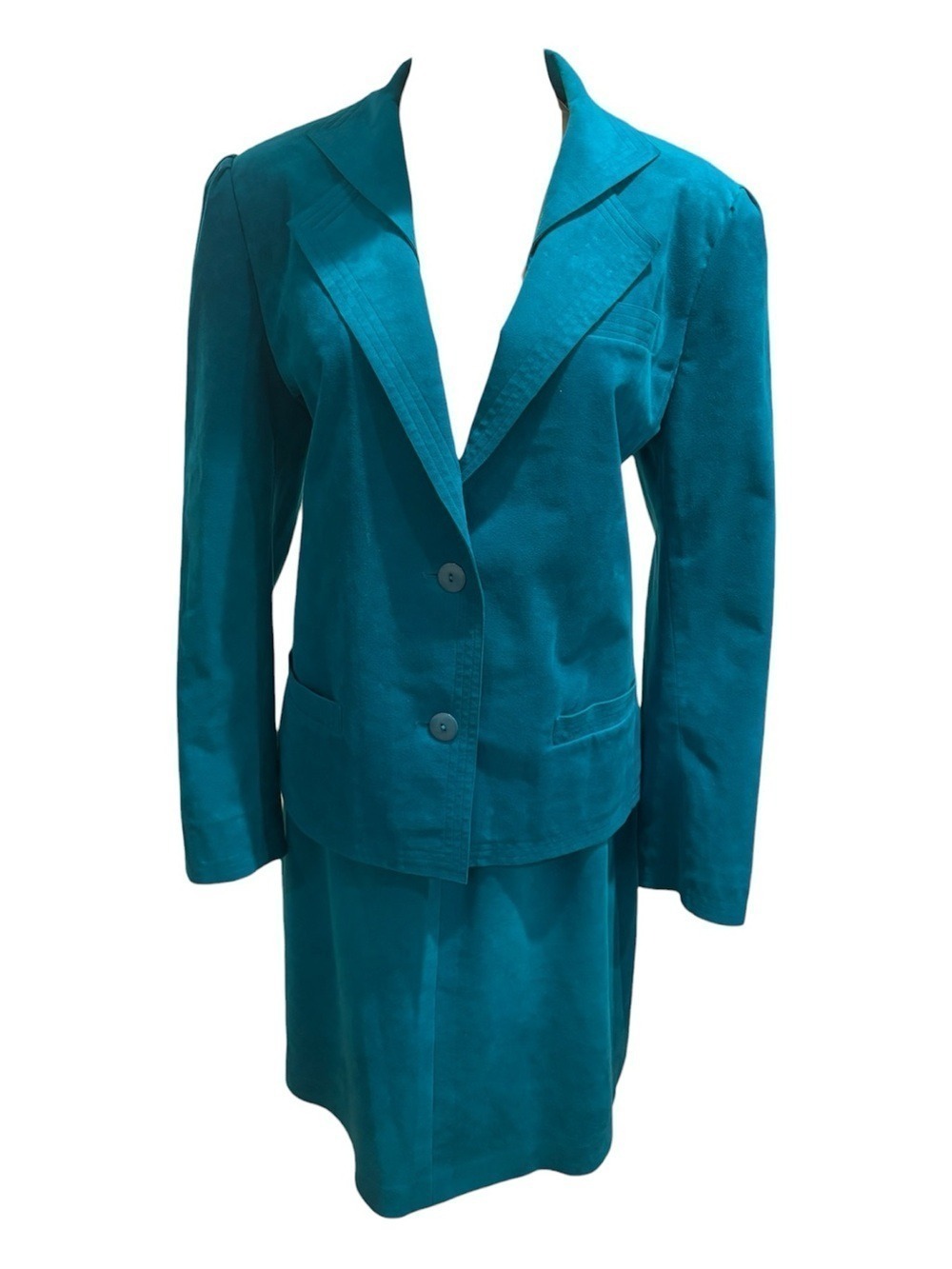 CHARLES KLEIN 2PC 90s ULTRA SUEDE TEAL RELAXED FIT DBL LAPEL BLAZER & SKIRT 12 - Picture 4 of 9